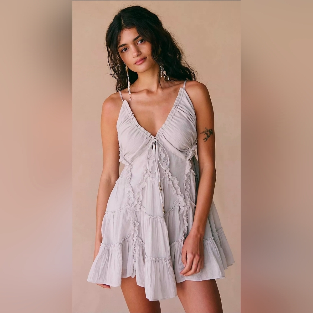 Free People Coconico Ruffled Boho Mini Dress In Swiss Coffee - Picture 2 of 5